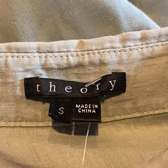 Theory Women’s Small Linen Blend Button Up Shirt Barley Roll Tab Sleeves Dervan - Picture 6 of 7